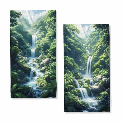 Waterfall Bath Hand Towels Absorbent Natural Green Rainforest Forest Stream Bathroom Kitchen Towels Set of 2 Lightweight Breathable Face Towels for Bathroom Gym Hotel Sport Decor Gifts for Women Man - color: Waterfall
