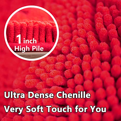 BOANKODU Bathroom Rugs Chenille 3-Piece Extra Soft and Absorbent Shag Bathroom Rugs, Machine Wash Mat, Strong PVC Non-Slip Underside, Plush Carpet Mats (Red) - color: Red, size: 2'8" x 1'8" (16x24"+20x32"+20x20"U shape）