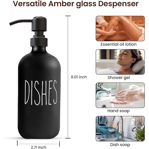 Sunrise Premium 16 OZ Thick Black Glass Soap Dispenser, Matte Black Stainless Steel Pump 2 Pack, Hand and Dish Soap Dispenser Set for Bathroom with 6 Waterproof Labels - color: Matte Black Stainless Steel Pump - Black Glass
