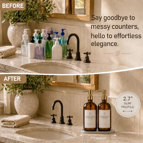 Fachixy Amber Glass Soap Dispenser (2 Pack), 16 Fl Oz Hand & Dish Soap Dispenser Bottles Set with Rust-Resistant Stainless Steel Pump, Non-Slip Pad, 14 Waterproof Labels for Kitchen and Bathroom - color: Amber