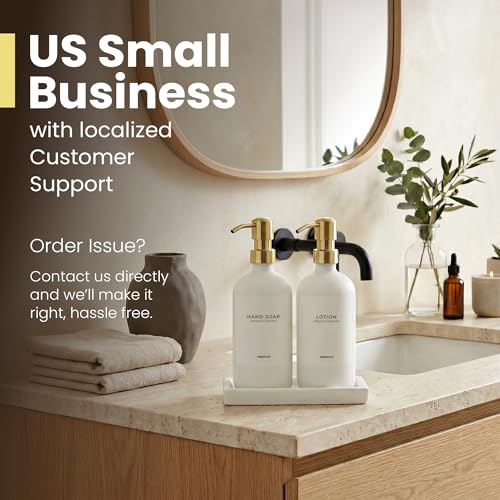 MaisoNovo Soap and Lotion Dispenser Set - Bathroom Soap Dispenser Set with White Soap Dispenser, Gold Pumps & Ceramic Tray - color: White Bottles/ Golden Pumps/ White Ceramic Tray