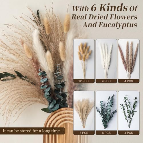 2 Pack Wooden Wall Vase Set with Pampas Grass Eucalyptus, Modern Farmhouse Boho Wall Decor for Living Room, Entryway, Hallway, Bathroom, Dining Room, Brown Wall Art for Home Decoration - color: Brown With Dry Flowers