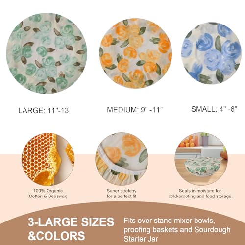 Reusable Bowl Covers for Bread Proofing - Beeswax Bowl Covers Reusable 3 Set, Cotton Blend Stretch Design, Fits 4-13 Inch Bowls, Shower Caps for Sourdough Bread, Dough Proofing & Food Storage（Roses） - color: Roses
