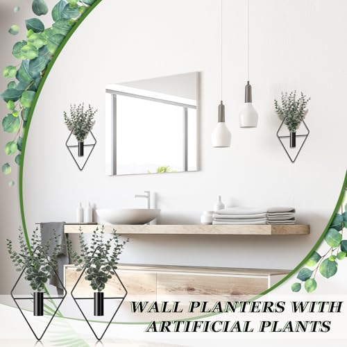 Jexine 4 Pcs Hanging Planters with Artificial Eucalyptus Metal Hanging Vase Indoor Plants Holder Modern Geometric Boho Bathroom Wall Decor for Living Room Home Office(Black) - color: Black, size: Eucalyptus