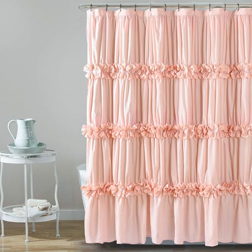 Homechoice Decor Peach Ruffle Shower Curtain, Vintage Handcrafted Bow Tie Bath Curtain for Master Bathroom, Ruched Microfiber Bathroom Curtain with 12 Buttonholes, 72" W x 84" H (LQ-10) - color: Peach Pink, size: 72"W x 84"L (Each Curtain)