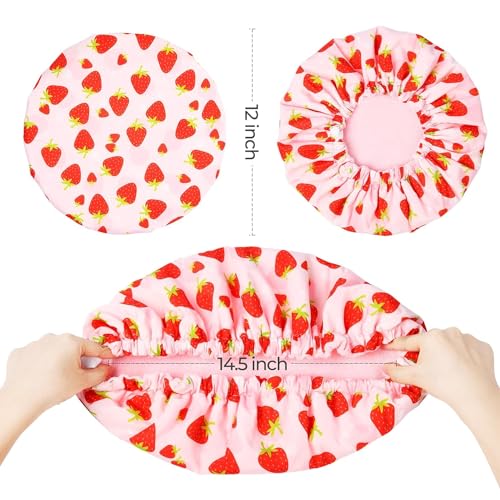 Shower Cap for Women Terry Lined Bath Cap Large Reusable Waterproof Elastic Band Pink Shower Caps for Long Thick Hair Soft Bath Shower Hair Caps - color: PINK STRAWBERRIES