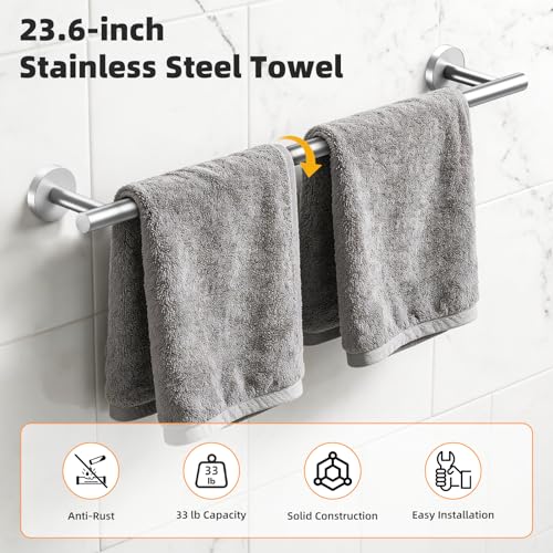 Brushed Nickel 5-Piece Bathroom Hardware Set, 23.6 Inch Towel Bar Set SUS304 Stainless Steel Towel Racks Round Towel Bar, Towel Ring, Toilet Paper Holder, 2 Robe Hooks, Wall Mounted - color: Brushed Nickel