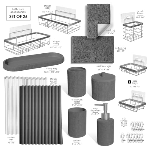 Clara Clark Grey Bathroom Set - Bathroom Sets with Shower Curtain and Rugs, 26PC Bathroom Accessory Set, Shower Curtain Set with Adhesive Corner Shower Caddy Hanging & Soap Dispenser - color: Grey, size: Complete Set + Bath Rugs + Shower Caddy