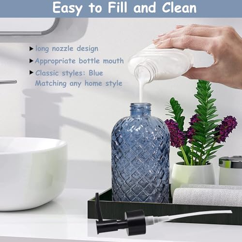 Blue Glass Dish Soap Dispenser for Kitchen, 12oz Refillable Liquid Hand Soap Dispenser Set, Crystal Lotion Bottle for Modern Home Decor, Bathroom Countertop, Hotel - color: Dark Blue