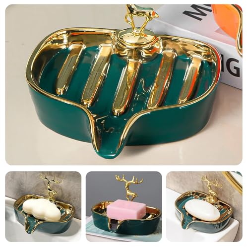 Soap Dish, Luxurious Ceramic Soap Dish Self Draining Soap Holder Tray Easy Cleaning Soap Saver for Shower Bathroom Kitchen Sink Bathtub Hotel Travel(Green Painted in Gold) - color: Green Painted in Gold