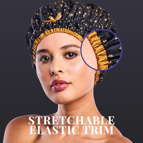 Reusable Shower & Bath Cap & Lined, Oversized Waterproof Shower Caps Large Designed for all Hair Lengths with PEVA Lining & Elastic Band Stretch Hem Hair Hat - Fashionista Starry Nights - color: Starry Nights