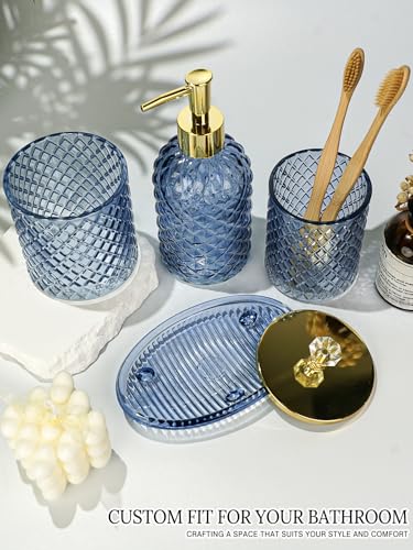 Haturi Blue Bathroom Accessories Set, 4Pcs Glass Bathroom Accessory Set Complete w/Lotion Soap Dispenser, Toothbrush Holder, Qtip Holder, Soap Dish, Blue Bathroom Decor Sets, Gift for Home Apartment - style: Navy Blue