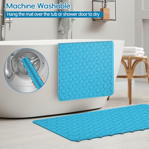 Bathtub Mat Non Slip with Suction Cups - 100% Rubber Bathroom Mat Textured for Bath Tub Shower Safety - Soft on Touch - BPA/PVC Free - Pet Dog Bath Mat - Machine Washable - 16 × 28 Inch（R Blue） - color: River Blue, size: 28" x 16" (Rectangular)