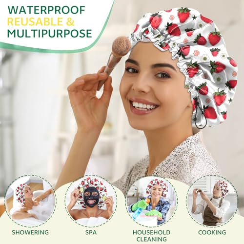 2 PCS Shower Cap Waterproof Double Layer Elastic Adjustable Reusable Hair Bath Caps for Girls Women Cute Aesthetic-Red Pink - color: G15-Red Pink
