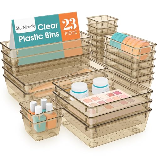 StorMiracle 23 PCS Drawer Organizer Set, 5 Varied Size Bathroom and kitchen Drawer cabinet organizer Trays, Clear Storage Bins for Makeup, Jewelry, Utensils and Gadgets, Champagne - color: Champagne, size: 23 PCS