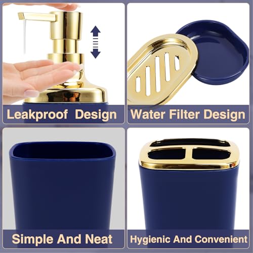 Bathroom Sets with Shower Curtain and Rugs Bathroom Accessories Set Navy Blue Bathroom Set,Soap Dispenser & Toilet Brush Holder Set with Stainless Steel Trash Can(23 PCS) - size: Navy Blue, style: Bath Set+Ombre Waffle Shower Curtain+Bath Rugs
