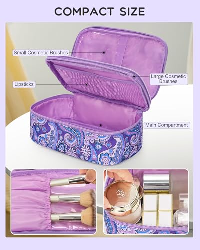 Relavel Travel Makeup Bag, Small Floral Cosmetic Bag with Makeup Brush Compartment, Portable Makeup Pouch for Women, Double Layer Cute Toiletry Organizer Bag, Purple Flower - color: 01B-Floral Purple, size: MEDIUM