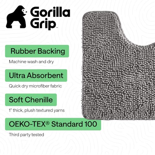 GORILLA GRIP Bathroom Rug Sets 3 Piece, Bath Mat Set and Oval Toilet Base with Rubber Backing, Plush Absorbent Shaggy Chenille Washable Mats, Includes 24x19.5, 24x17 and 36x24 Inch Rugs, Grey - color: Grey, style: 24"x19.5" + 24"x17" + 36"x24" - 3 Pack