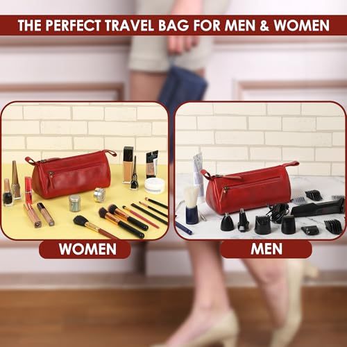 Leather Makeup Bag for Women – Genuine Leather Cosmetic Bag Travel, Handmade Zippered Makeup Pouch, Small Toiletry Bag, Shaving Kit & Stationery Organizer- Red - color: Red