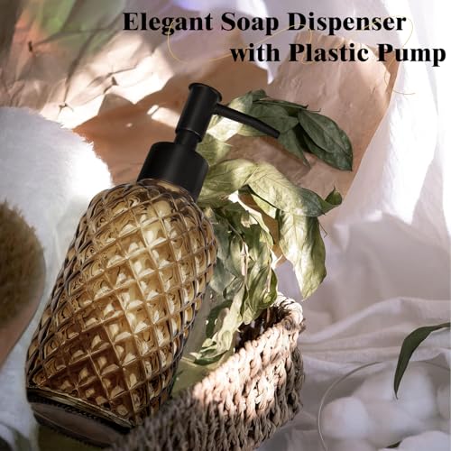1 Pack 13.5oz Glass Soap Dispenser with Plastic Pump, Diamond Design Refillable Hand Soap Dispenser for Hand Wash, Bathroom and Kitchen (Amber) - color: Amber