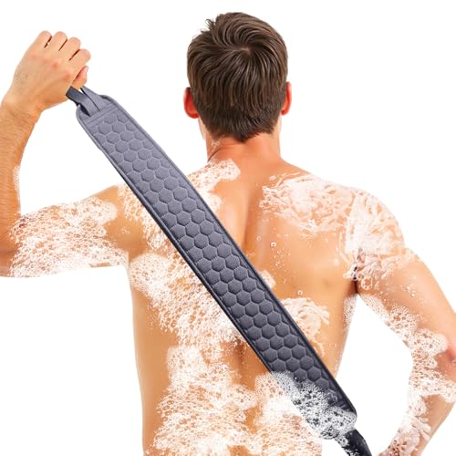Back Scrubber for Shower with Handles, 40 Inch Extra Long Double-Sided Exfoliating Bath Strap, Textured Body Washer with Extended Reach for Deep Cleaning (Grey) - color: Grey