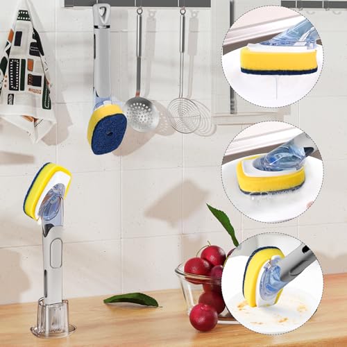 Dish Brush with Soap Dispenser Storage Set with 2 PCS Sponge Refills & Holder, Soap Dispensing Dish Brushes, Sponge with Soap Dispenser Handle, Dish Sponges with Handle for Dishes Pans Pots Sink(Gray) - color: Gray