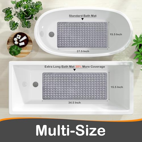 Yimobra Bath Tub Mat Non Slip, 34.5"X15.5" Long Shower Mat, Machine Washable Bathmat with Drain Holes and Suction Cups, Soft on Feet, Bathroom Essentials, Grey - color: Grey, size: 34.5 X 15.5 Inch