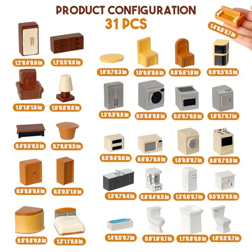 Hiawbon 31PCS Miniature Furniture Set, 1：48 Scale Resin Miniature Accessories and Furniture, Kitchen Bathroom and Living Room Set, Miniature Furniture Kit for Fairy Garden Home Decor