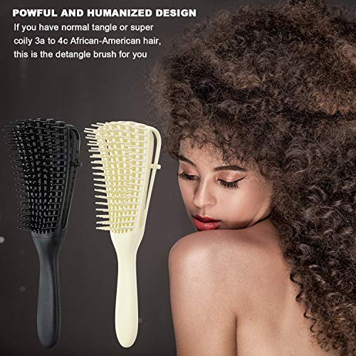 2 Pieces Detangling Brush for Afro America/African Hair Textured 3a to 4c Kinky Wavy/Curly/Coily/Wet/Dry/Oil/Thick/Long Hair, Knots Detangler Easy to Clean (Beige, Black) - color: Beige, Black
