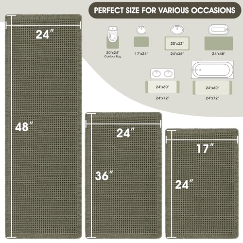 Upgraded Waffle Bath Mat Set 3 Piece Greyish Green, Super Absorbent Non-Slip Quick Dry Bathroom Rugs with Tassels, Machine Washable Ultra Soft Boho Bath Rugs for Floor, Bath Mats Boho Farmhouse Decor - color: Greyish Green, size: 48"x24"+36"x24"+24"x17"