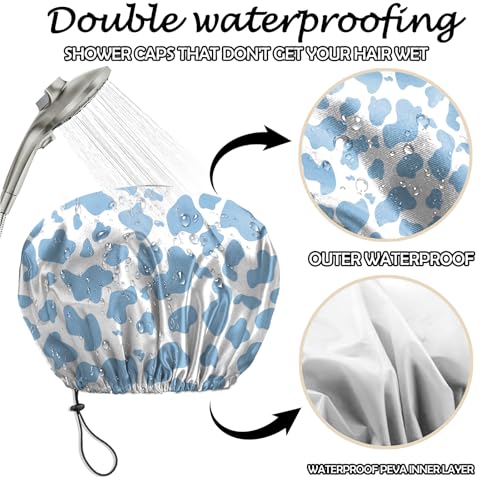 2 PCS Shower Cap Reusable Waterproof Adjustable Double Layer Elastic Dry Hair Bathing Caps Aesthetic Cute for Women Girls-Dinosaur Blue - color: H-14-Dinosaur Blue