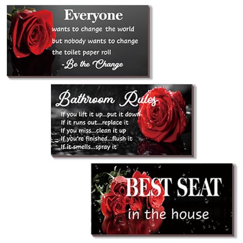 DONFENTHY 3 Pcs Red Bathroom Rules Decor Rustic Farmhouse Wooden Best Seat in The House Rose Hanging Wall Art Toilet Bathroom Accessories(Red 10x5") - color: Red