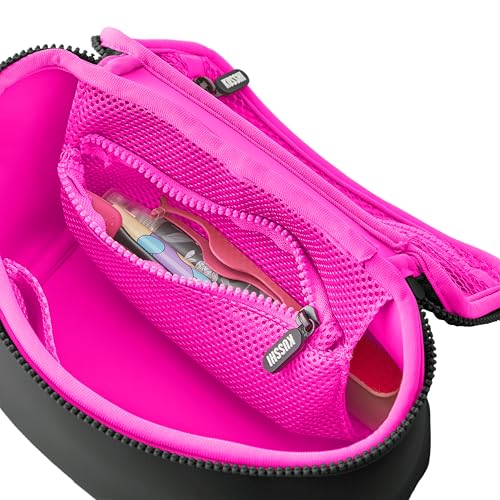KUSSHI Neoprene Train Case Makeup Bag - Washable Makeup Travel Bag & Vanity Case for Stress Free Travel (Small, Black/Pink) - color: Black/Pink, size: Small