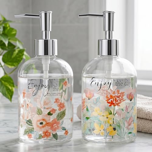 Topadorn Glass Soap Dispenser Set of 2, 17oz Refillable Hand & Dish Soap Dispensers with Pump, Decorative Floral Soap Bottles for Kitchen & Bathroom Counter - color: Pink Soft Pink