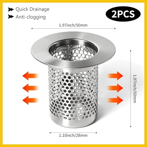 Bathroom Sink Drain Strainer, 304 Stainless Steel Hair Catcher for Bathtub Shower Floor Drain, Bathtub Drain Cover Strainer Basket Fit 1.1" to 1.97" Drain Hole (2PCS) - size: Small