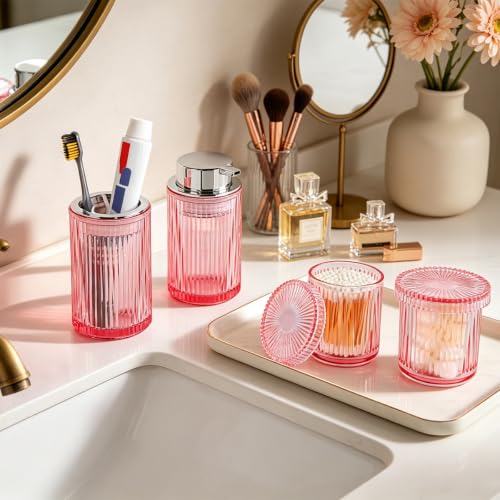 4pcs Glass Bathroom Accessories Set, Foaming Soap Dispenser, Toothbrush Holder and Cotton Swab Jar for Bathroom Counter Organizer Essentials, Vintage Ribbed Bathroom Decor, Pink - color: Pink and Silver