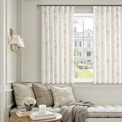 Pinch Pleated Floral Linen Curtains 63 Inch Length 2 Panels Short French Country Semi Sheer Pleat Coffee Flower Print Patterned Curtain for Dining Living Room Bedroom Back Tab Botanical Window Drape - color: Coffee, size: 40"W x 63"L (Pack of 2)