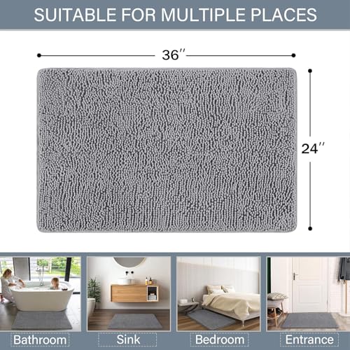 LOCHAS Luxury Bathroom Rug Shaggy Bath Mat 24 x 36 Inch, Washable Non Slip Bath Rugs for Bathroom Shower, Soft Plush Chenille Absorbent Carpets Mats, Gray - color: Grey, size: 2' X 3' (24''x36'')