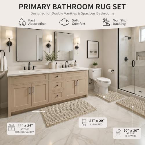 Yimobra Bathroom Rug Set 3 Piece - Super Absorbent Quick Dry Chenille Bath Mats & Toilet Rug, Non Slip Machine Washable, Extra Thick Shaggy Floor Mat for Shower Tub Sink, Camel - color: Camel, size: 24"x20" + 30"x20"+ 44"x24"
