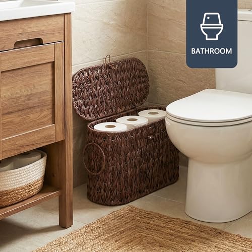 Coeusy Toilet Paper Basket with Lid, Wicker Basket for Bathroom Organizers and Storage, Holds Up to 6 Mega Rolls, Decorative Hand-Woven Rattan Bathroom Decor Accessories, Brown - color: Brown