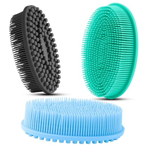 3 Pack Silicone Body Scrubber, Soft Silicone Loofah Exfoliating Body Scrubber, Silicone Body Brush Bath Shower Scrubber for Body, 2 in 1 Bath and Shampoo Wash Brush for Skin Exfoliation Men Women - size: Black+Blue+Green