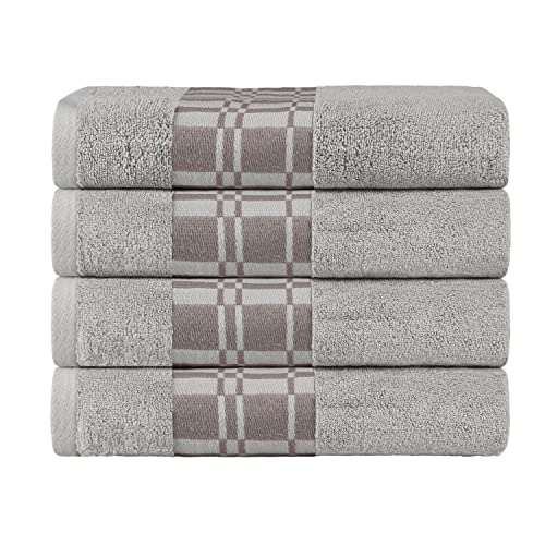 Superior 4-Piece Cotton Bath Towel Set, Geometric Design, Dobby Border, Body Towel for Bathroom, Guest Bath, Spa, Resort, Hotel, Airbnb, Home Essentials, Adult, Kids, Larissa Collection, Chrome - color: Chrome, size: Bath Towel Set (4-pack)