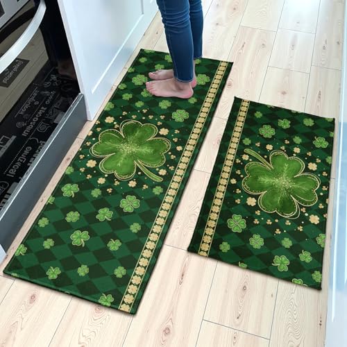 St. Patrick's Day Kitchen Rugs Set 2 Pcs Green Gold Shamrock Clover Washable Runner Rug Non Slip 17"x47"+17"x30", Saint Patricks Day Kitchen Mats for Floor Spring Irish Home Decor - color: Green Shamrock