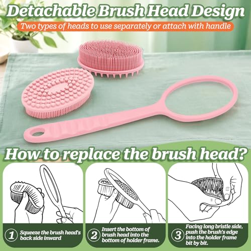 Silicone Back Scrubber for Shower, Gentle Shower Scrubber for Lathering, Softe Silicone Loofah with Two Replaceable Brush Heads, Good for Kids, Sensitive Skin(Pink-Two Heads) - color: Pink-two Heads