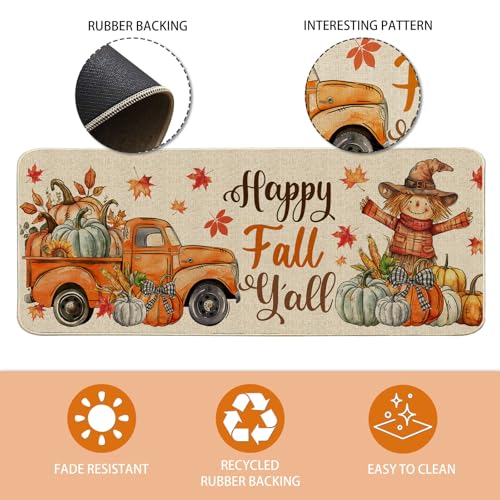 Fall Kitchen Mats, Farmhouse Truck Fall Kitchen Decor for Floor - Pumpkins House Kitchen Rugs Set of 2 - 17"x27"+17"x47"