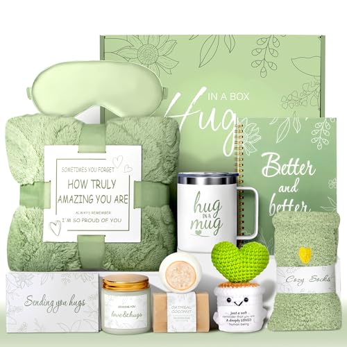 Self Care Package - Get Well Soon Gift Basket for Women & After Surgery Recovery, 11pc Sympathy Feel Better Gift Set with Flannel Blanket & Mug for Mom, Teacher, Wife, Sister, Friend (Green) - color: Green