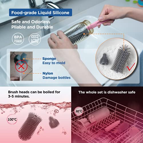 Travel Baby Bottle Brush Set with Extendable Liquid Silicone Bottle Brush，Nipple Brush，Built-in Bottle Drying Rack，Straw Cleaner Brush，Baby Bottle Soap Dispenser，Bottle Warmer (Pink)