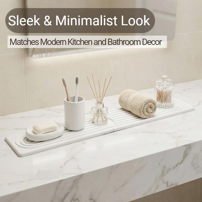 Stone Faucet Mat for Kitchen Sink, Diatomite Absorbent Stone Drying Mat for Bathroom Counter Quick Drying, Sink Splash Guard For Avoid wet Buildup Sink (White, 23.6" x 3.9")