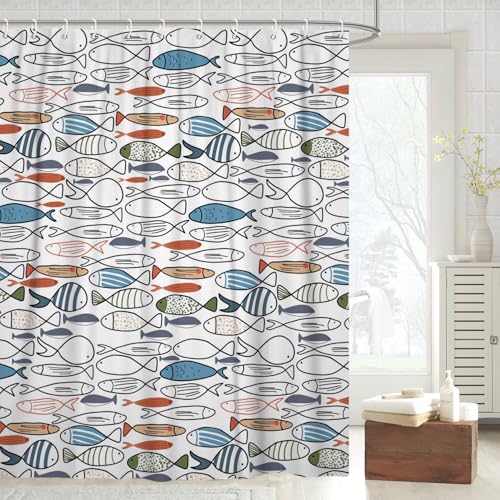 Fabric Shower Curtain with Hooks, Waterproof & Washable & Polyester, Fun Colorful Ocean Swiming Fish Shower Curtains for Bathroom, Funny Nautical Coastal Sea Bathroom Curtain, House Gift, 71x74 Inch - color: Multicolor Fish