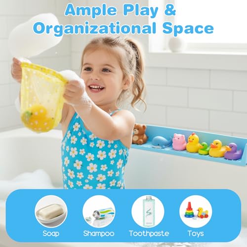 Silicone Bathtub Kids Splash Guard – Extra Long 2.6FT Play Shelf with 11 Strong Suction Cups, Toddler Bath Toy Tray & Caddy Holder, Water Spill Barrier for Bathroom, No Mess Fun Time – Blue